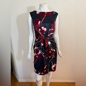 Ann Taylor Black Sleeveless Midi Dress with Burgundy Floral Print and Tie-Waist